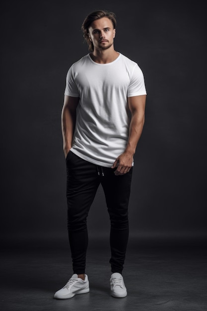 A man in a white t - shirt stands in a black background