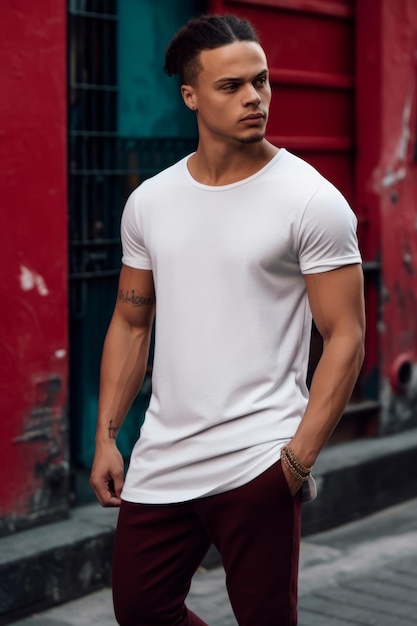 A man in a white t - shirt stands in front of a red wall