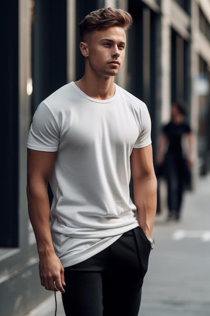 A man in a white t - shirt stands on a street