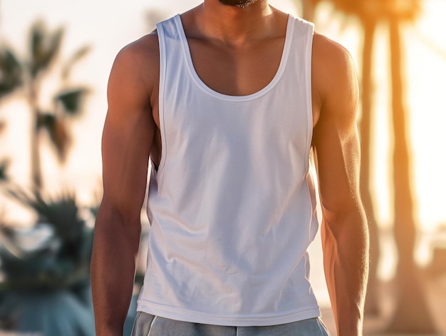 Photo a man in a white tank top holding a skateboard