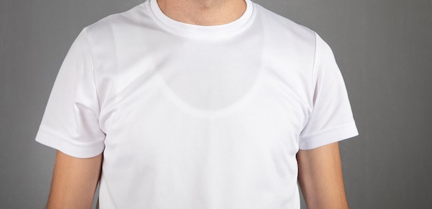 Man in a white tshirt at grey background