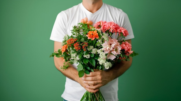 A man in a white Tshirt holds a bouquet of flowers on a green background