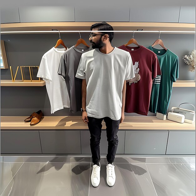 Photo man in white tshirt standing in front of shelves with clothes