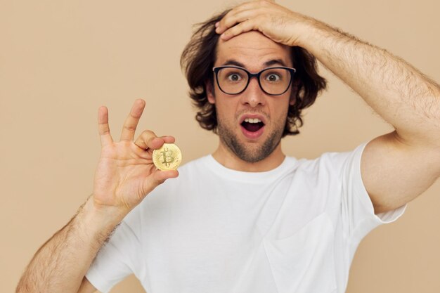 Man in a white Tshirt with Bitcoin cryptocurrency Lifestyle unaltered