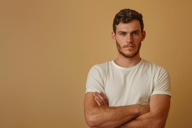 A man in a white tshirt with his arms crossed Ideal for business or casual concepts