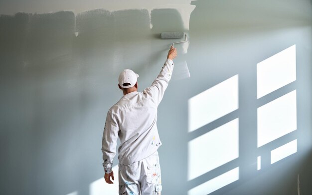 Photo a man in a white uniform is painting a wall with a clock on it