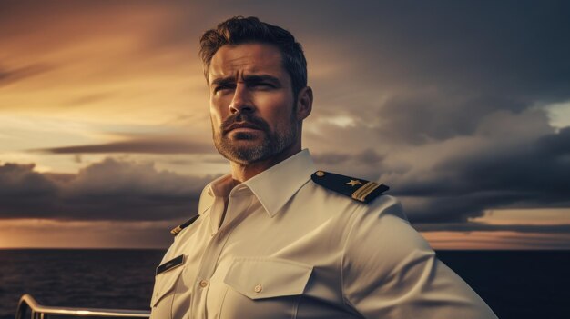 a man in a white uniform stands in front of a sunset with a cloudy sky behind him