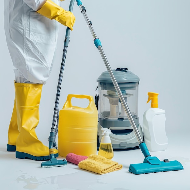 Photo a man in a white uniform with a sprayer and a sprayer