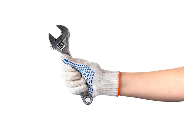 Man in white work gloves holds wrench Happy labor day Hand repair tool