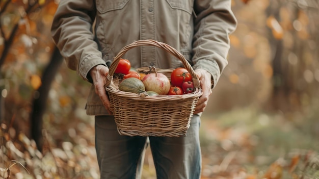 A man who holds in his hands the basket with fruits of autumn Thanksgiving day Boho Chic Style Decor