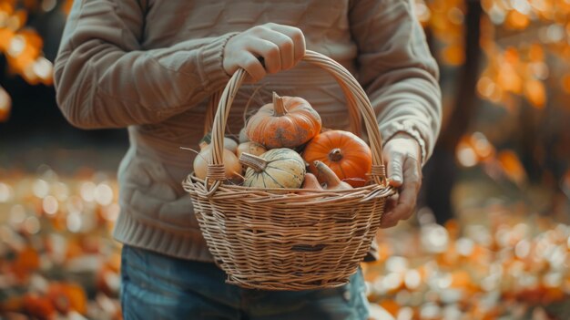 A man who holds in his hands the basket with fruits of autumn Thanksgiving day Boho Chic Style Decor