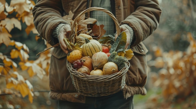 A man who holds in his hands the basket with fruits of autumn Thanksgiving day Boho Chic Style Decor