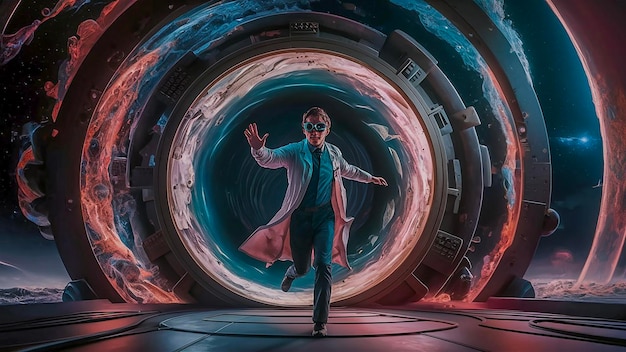 Photo a man who is opening a dimensional portal