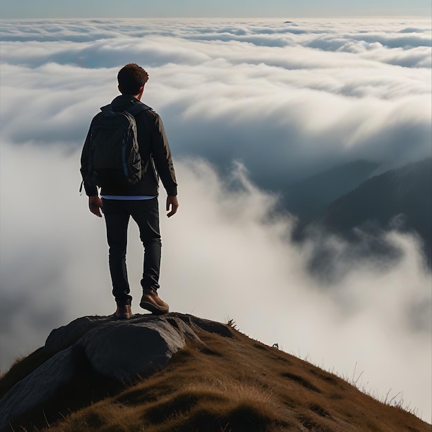 a man who was standing on a mountain above the clouds genarated by AI