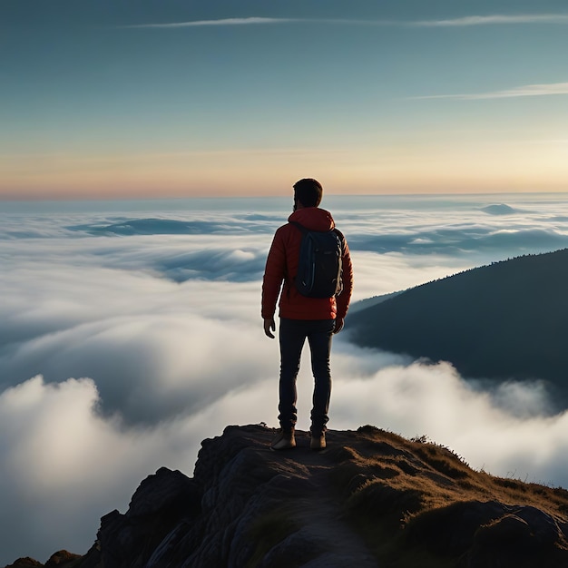 a man who was standing on a mountain above the clouds genarated by AI