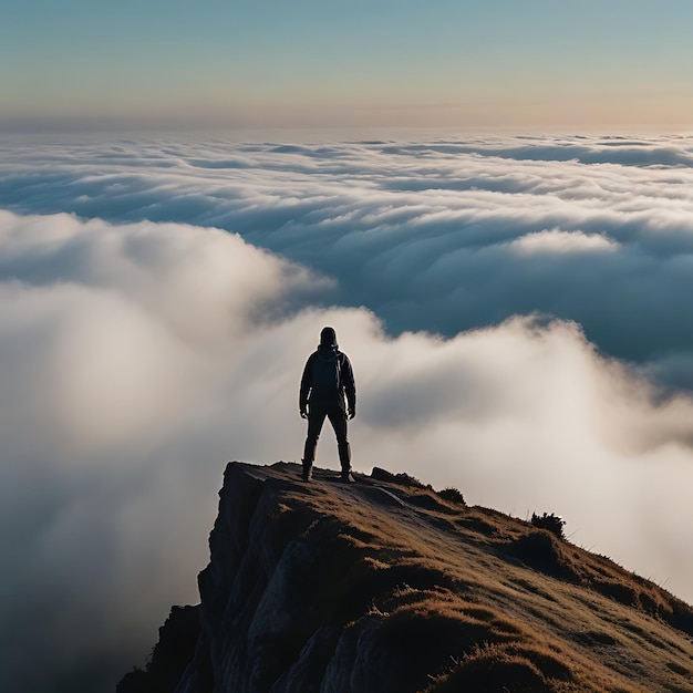 a man who was standing on a mountain above the clouds genarated by AI