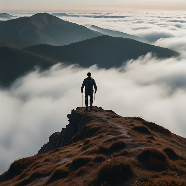 a man who was standing on a mountain above the clouds genarated by AI