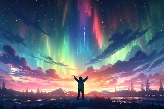 A man on a wide plain pointed at the auroral sky