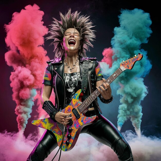 Photo a man in a wig and a guitar with a shirt that says rock on it