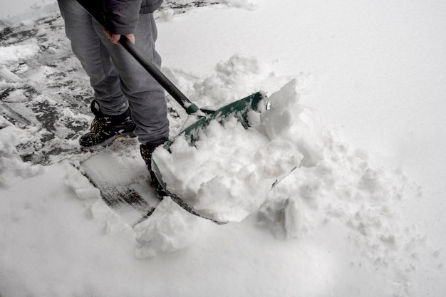 Man in winter cleaning snow with shovel. Winter and cleaning concept man shoveling snow