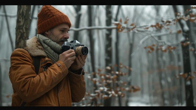 Photo man in winter forest portrait photography with vintage camera