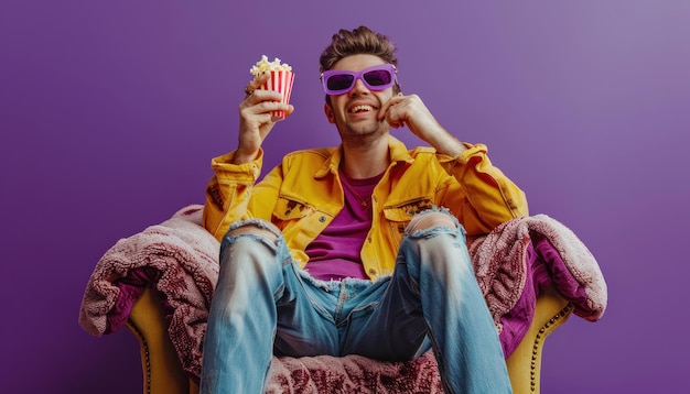 Photo man with 3d glasses and popcorn enjoying a movie night