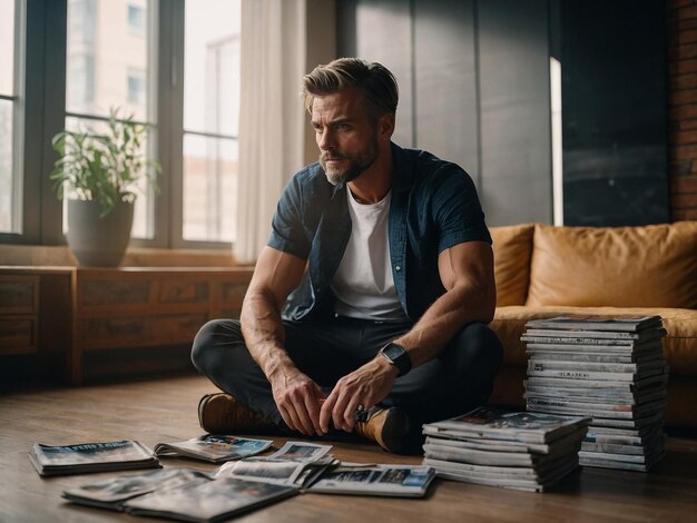 Photo a man with an ab roller sitting with a stack of magazi_2