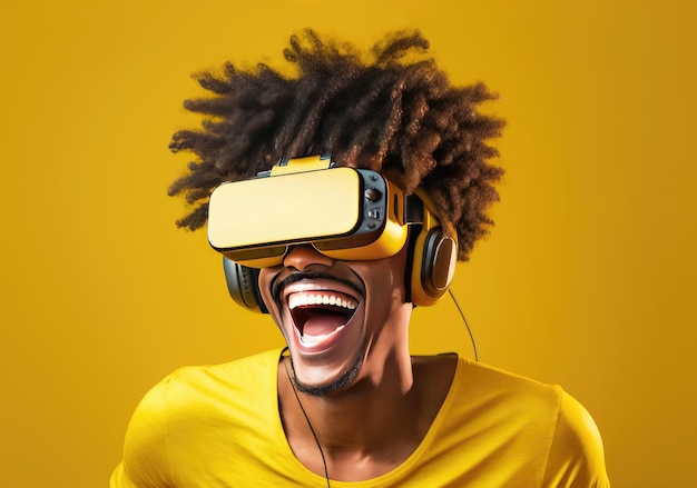 Man with afro hair and VR glasses laughing on yellow background generative ai