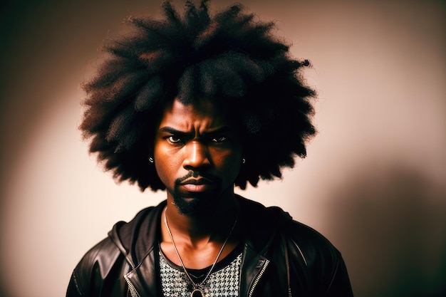 A man with a afro and a leather jacket with a black hoodie and a hoodie.