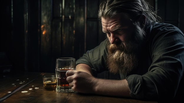 Man with an alcohol addiction sits at a table surrounded by glasses of alcohol