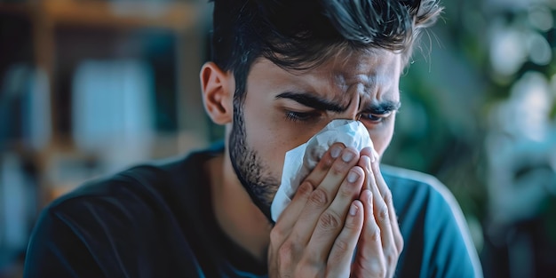 Man with allergic rhinitis finds relief using nasal drops and handkerchief Concept Allergic Rhinitis Nasal Drops Relief Handkerchief Health