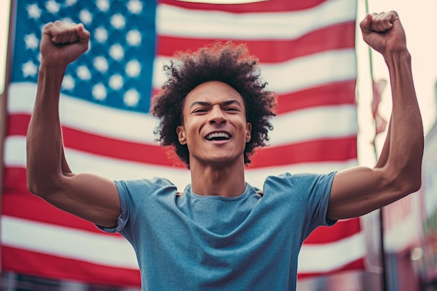 Man with the american flag and fist raised in the air as he celebrates Juneteenth 4th july