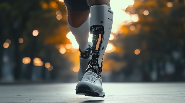 Photo a man with an amputated leg using a robotic bionic prosthetic limb