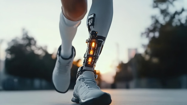 Photo a man with an amputated leg using a robotic bionic prosthetic limb