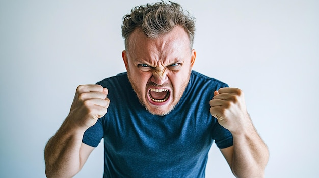 Photo a man with an angry expression is screaming in front of a white background