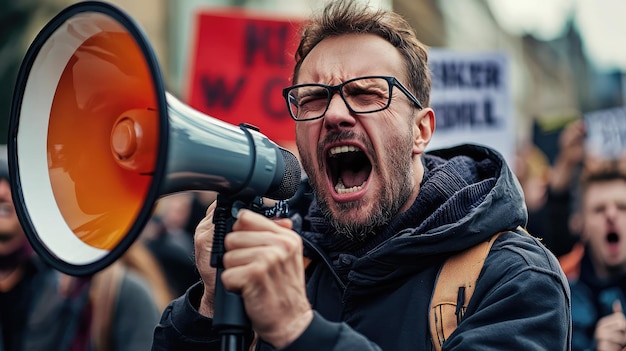 Photo a man with an angry face passionately shouting into microphone at protest