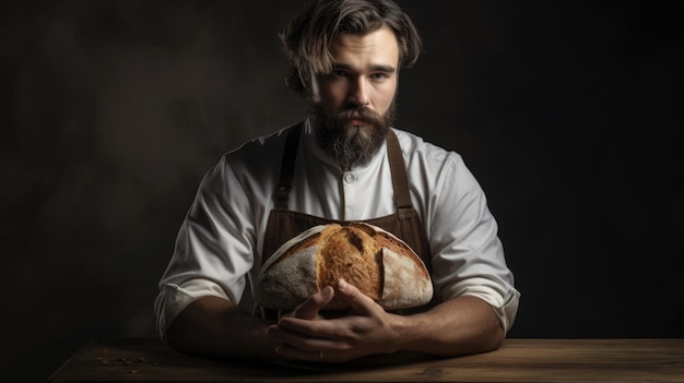 The man with an apron is holding up a loaf of bread on the tabletop in the kitchen Generative AI AIG21