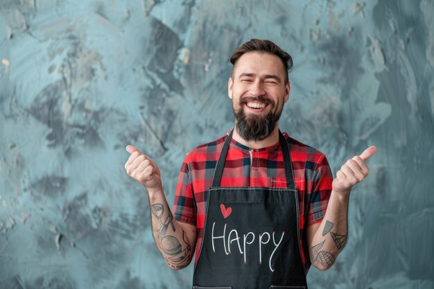 Photo a man with an apron that says happy on it