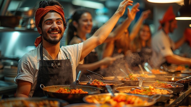 a man with an apron on with his arms raised in front of a buffet of other people