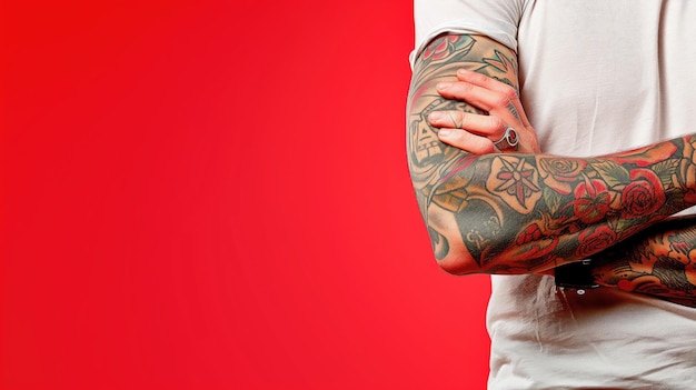 Man with arms crossed and extensive tattoo work set against a red background