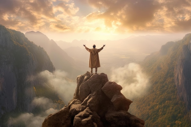 Man with arms raised standing on top of a mountainThe man thank God on the mountain