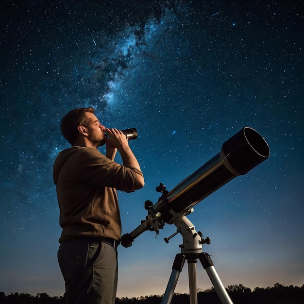 Photo man with astronomy telescope looking at the night sky stars planets moon and shooting stars