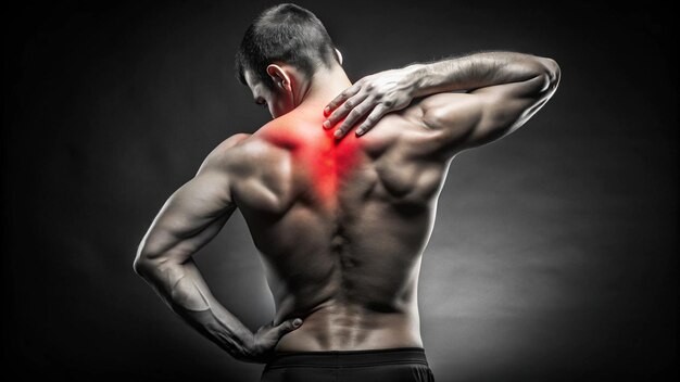 Photo a man with a back pain has a red spot on his back