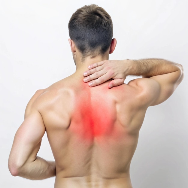 Photo a man with a back pain is holding a back of his back