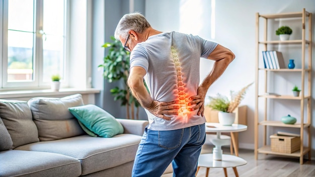 Photo a man with a back pain is standing in front of a couch