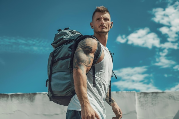 Man with backpack against sky