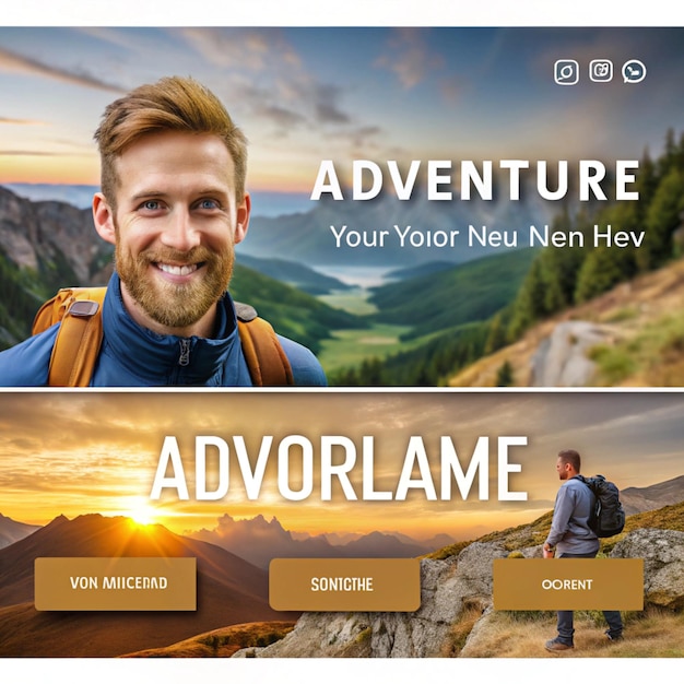 Photo a man with a backpack and a backpack on his back is standing in front of a mountain with a sunset in the background