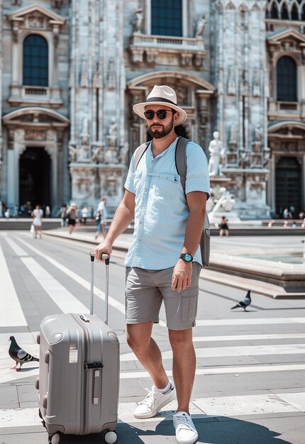 Photo a man with a backpack and a backpack is standing in front of a building with a building in the backg