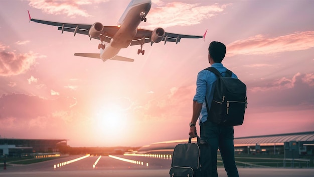 a man with a backpack and a backpack looking at a plane flying in the sky