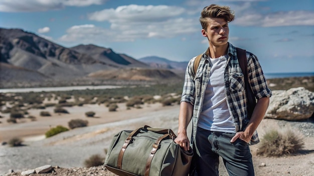 Photo a man with a backpack and a backpack stands in front of a mountain